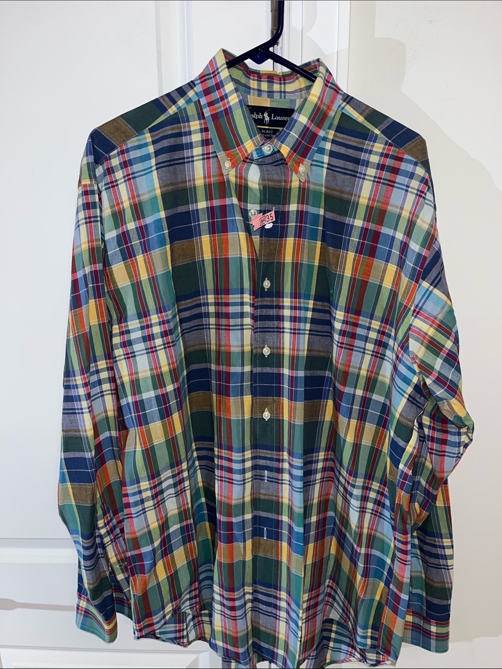 Polo Ralph Lauren Blue Green Yellow Red Indian India Madras Pony Shirt-L Blake